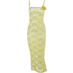 Lace Solid Flower Applique See Through Slit Cami Midi Dress