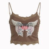 Abstract Print Contrast Lace Hem V Neck Backless Cami Crop Top