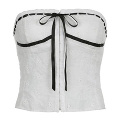 Textured Contrast Stitch Self Tie Button Backless Tube Top