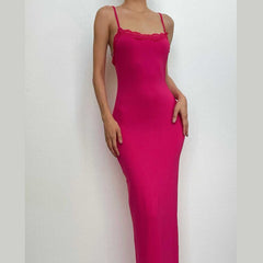 Lace Hem Square Neck Solid Backless Cami Maxi Dress
