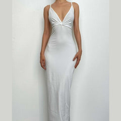 Solid V Neck Ruched Backless Cami Maxi Dress