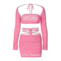 Long Sleeve Solid Self Tie Shrug Textured 2 Piece Tube Top Skirt Set