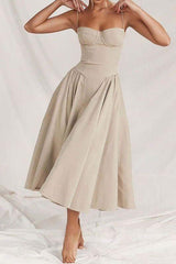 Slim Backless Pleated Mid-Length Dress