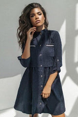 Straps Button Roll Sleeve Casual Dress