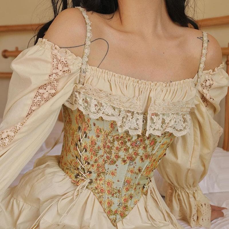 Ruffle Lace Low Cut Lace Up Side Floral Bustier Top
