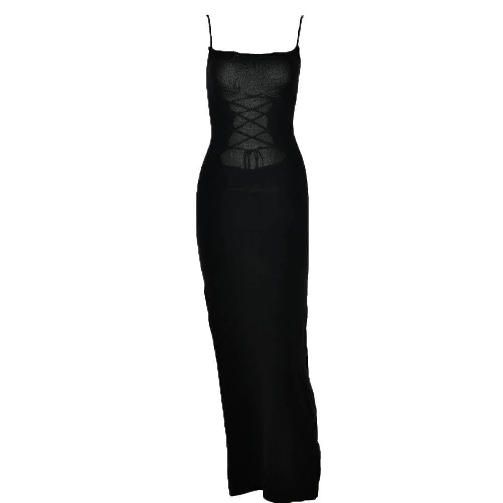 Lace Up Square Neck Slit Solid Backless Cami Maxi Dress