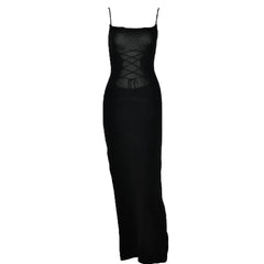 Lace Up Square Neck Slit Solid Backless Cami Maxi Dress