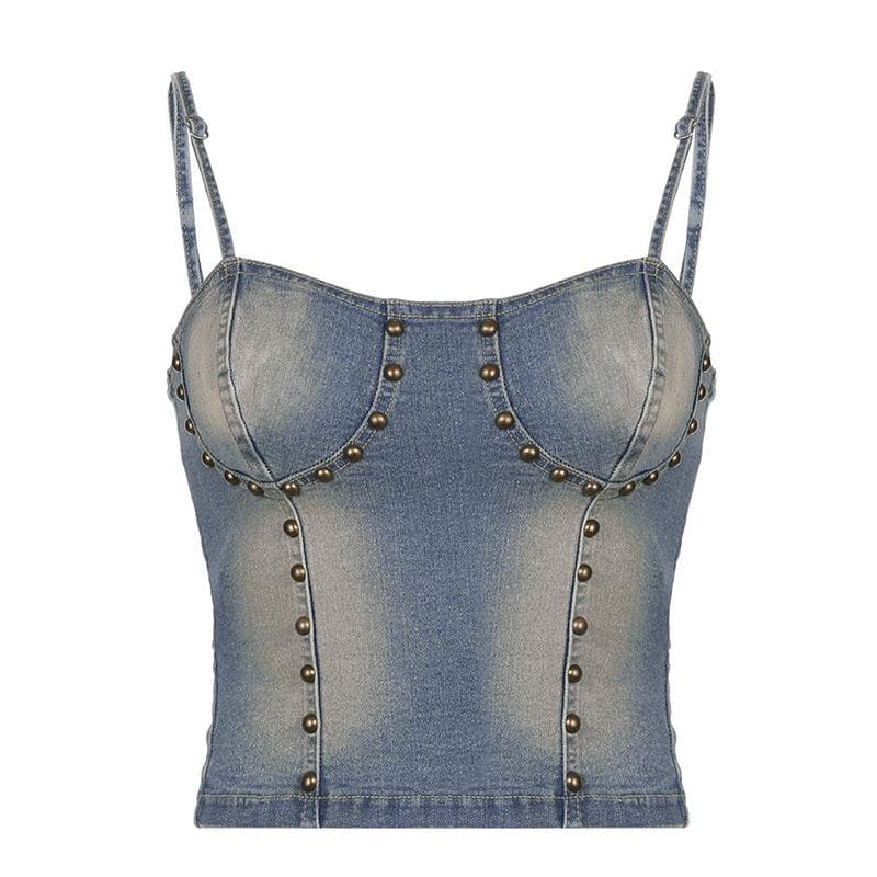 Beaded Lace Up Stitch Backless Denim Cami Top