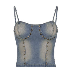 Beaded Lace Up Stitch Backless Denim Cami Top