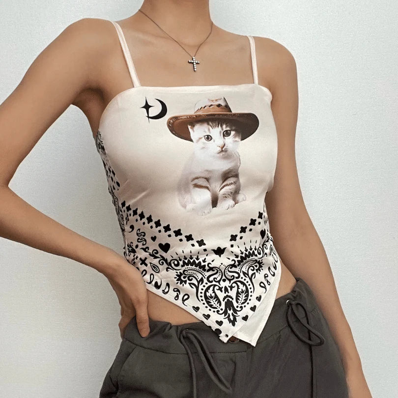Satin Cat Pattern Knotted Contrast Backless Cami Crop Top