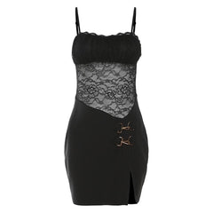 Lace Patchwork Buckle Ruched Square Neck Slit Cami Mini Dress