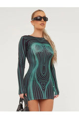 Printed Long-Sleeved Fit Dress