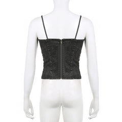 Denim V Neck Zip-Up Backless Cami Crop Top - Final Sale