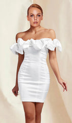 White Off Shoulder Frill Mini Bodycon Dress