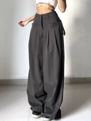 Shirring Casual Wide Leg Pants Women High Waist Street Basic Loose Sweat Trousers Korean Retro Gray Office Lady Pants