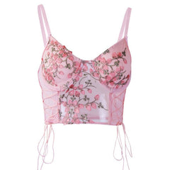 Flowers Embroidery Lace Up Mesh Cami Top
