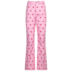 Y2K Pink Pants Heart Printed Sweet Trousers Vintage Aesthetic Party Pants Pockets Joggers Festival Outfits Women New