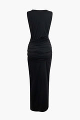 Wrap Ruched Slit Deep Graceful V-Neck Sleeveless Maxi Dress