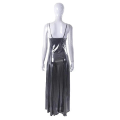 Metallic V Neck Backless Solid Low Cut Cami Maxi Dress