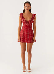 Adrina Ruffle Mini Dress - Red Polka Dot