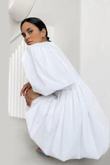 White Satin High Waist Lantern Puff Sleeve Dress