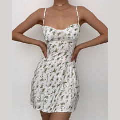 Low Cut Sleeveless Flower Pattern Backless Cami Mini Dress