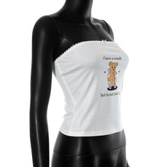Backless Lace Hem Bear Pattern Contrast Tube Top
