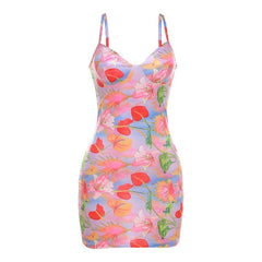Flower Print Contrast Low Cut V Neck Cami Mini Dress
