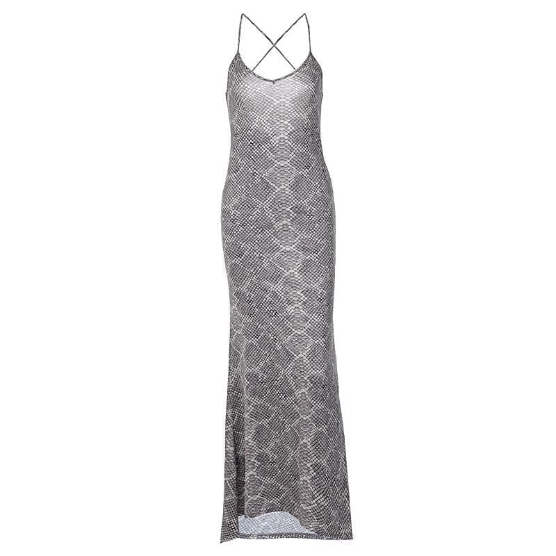 Snakeskin Print Cross Back U Neck Backless Cami Maxi Dress
