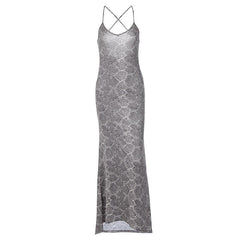 Snakeskin Print Cross Back U Neck Backless Cami Maxi Dress