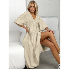 V-Neck Half-Sleeve Hollow Pullover Long Dress