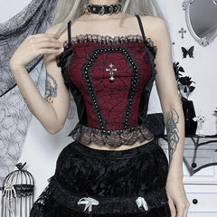 Backless Lace Patchwork Ruffle Contrast Cami Crop Top