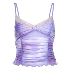 Backless Lace Hem Ruched V Neck Mesh Tie Dye Cami Top