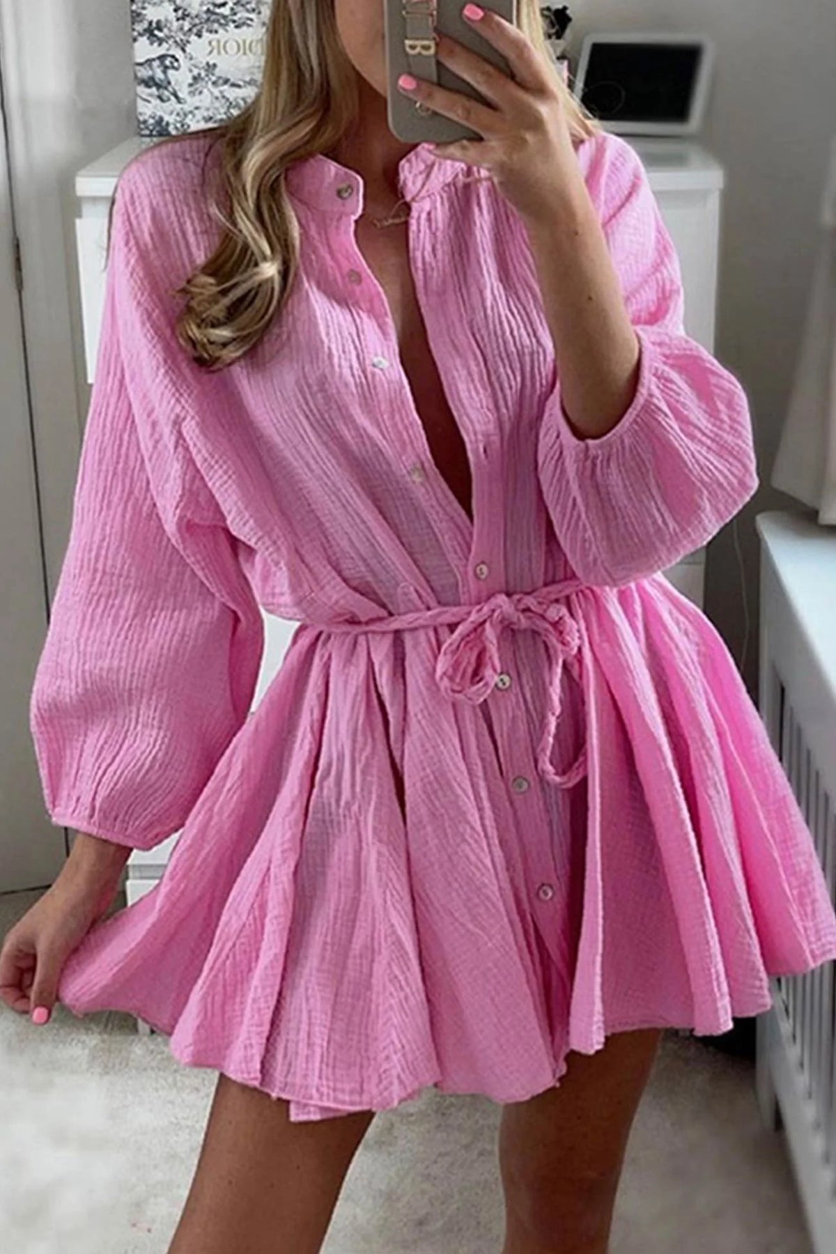 Single-Breasted Tie-Waist Ruffle Dress
