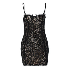 Lace Contrast Zip-Up Backless Cami Mini Dress