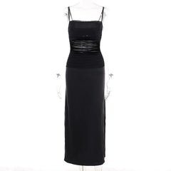Mesh Patchwork Zip-Up Solid Backless Ruched Cami Midi Dress