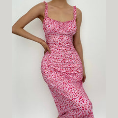 Flowers Contrast Print Ruffle Ruched Square Neck Backless Cami Midi Dress