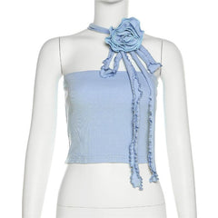 Sleeveless Solid Halter Flower Applique Backless Crop Top