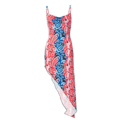 Irregular V Neck Backless Contrast Print Cowl Neck Cami Midi Dress