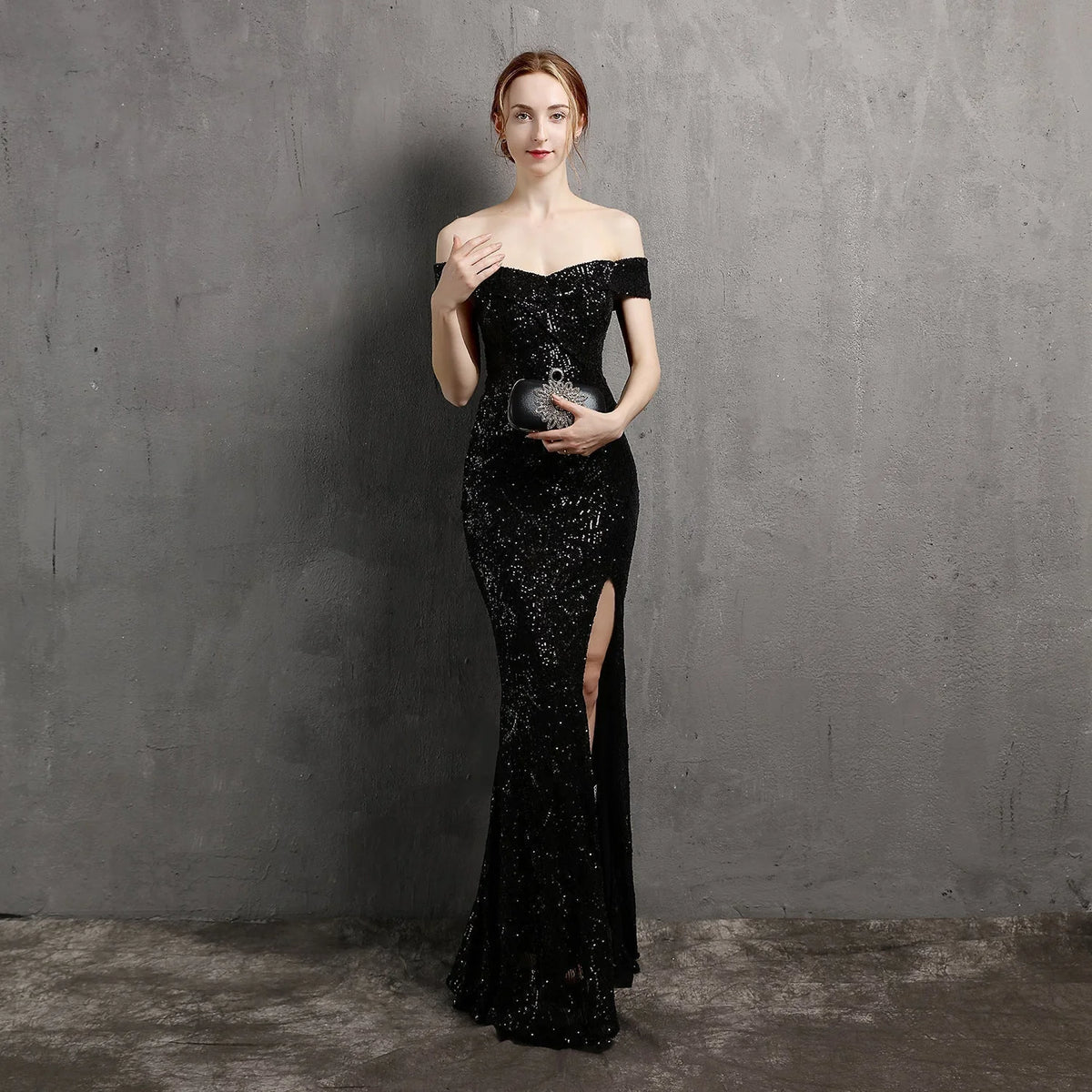 Clara Glitter Off The Graceful Shoulder Split Dress For Prom