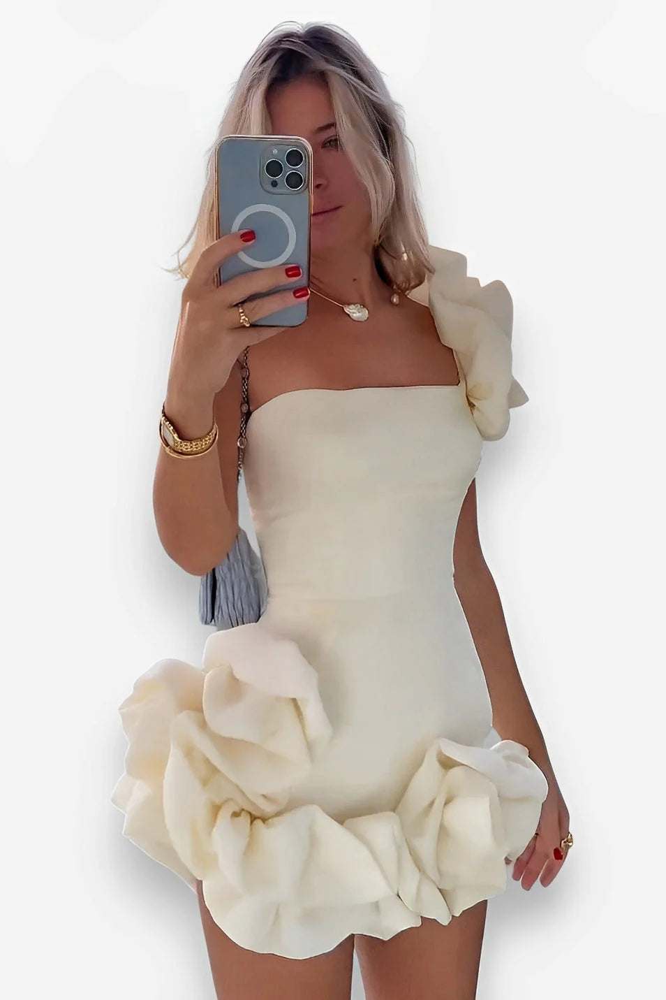 Ruffled Flower One-Shoulder Bud Waist Dress