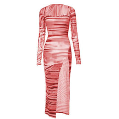 Tiger Print Long Sleeve Contrast Slit Shrug Cami Midi Dress