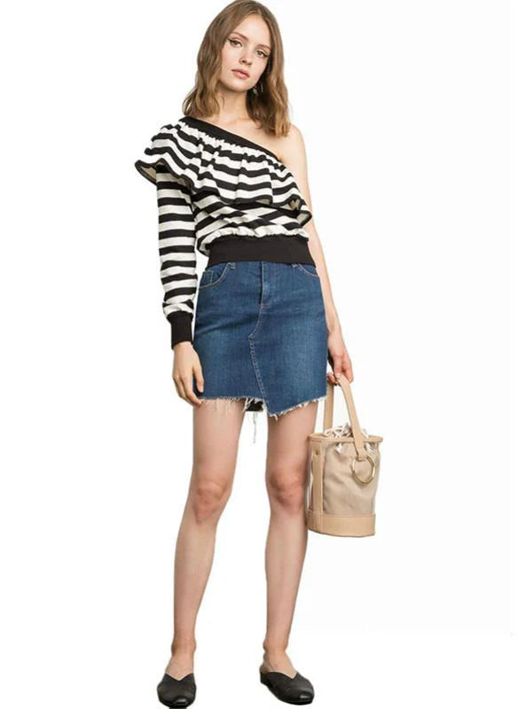Stripe Women T-Shirts Off Shoulder Ruffles