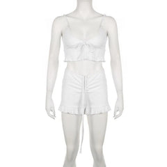 Drawstring Ruffle Solid Self Tie V Neck Cami Pant Set