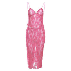 Lace See Through V Neck Backless Solid Cami Midi Skirt Set
