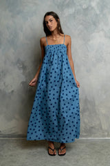 Taylen Polka Dot Maxi Dress In Dusty Blue - Final Sale
