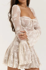 Lace Low Cut Flares Sleeve A-Line Dress