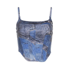 Backless Square Neck Denim Print Contrast Cami Top