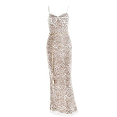 Lace Contrast Zip-Up Backless Slit Cami Maxi Dress