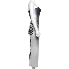 Palm Print Contrast Zip-Up Slit Square Neck Cami Maxi Dress